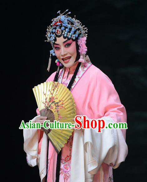 Chinese Beijing Opera Hua Tan Apparels Costumes and Headdress On A Wall and Horse Traditional Peking Opera Rich Lady Pink Dress Actress Li Qianjun Garment