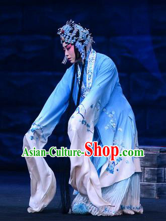 Chinese Beijing Opera Diva Li Qianjun Apparels Costumes and Headdress On A Wall and Horse Traditional Peking Opera Hua Tan Blue Dress Actress Garment