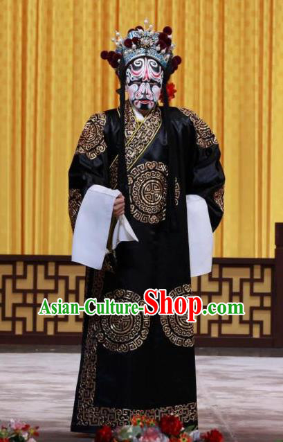 Chained Traps Chinese Peking Opera Laosheng Garment Costumes and Headwear Beijing Opera Jing Role Apparels Martial Male Black Clothing