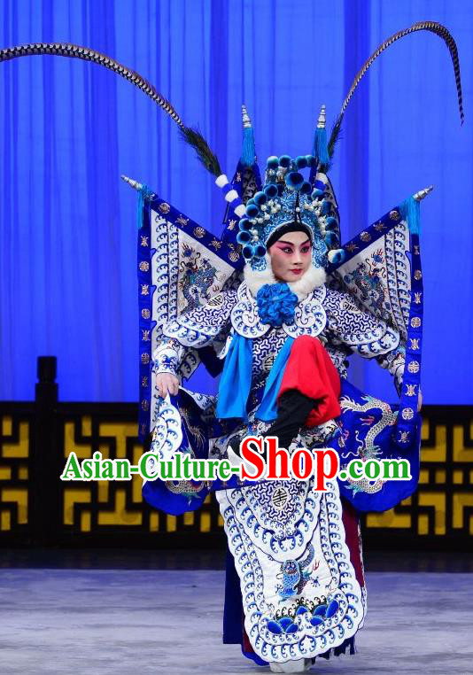 Romance of the Iron Bow Chinese Peking Opera General Armor Suits Garment Costumes and Headwear Beijing Opera Kao Apparels Martial Male Clothing with Flags