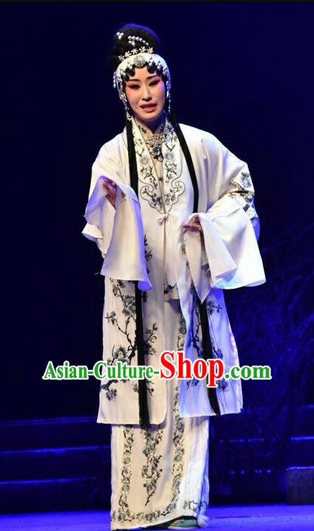 Chinese Beijing Opera Young Female Apparels Qing Tian Dao Costumes and Headpieces Traditional Peking Opera Distress Maiden White Dress Diva Garment