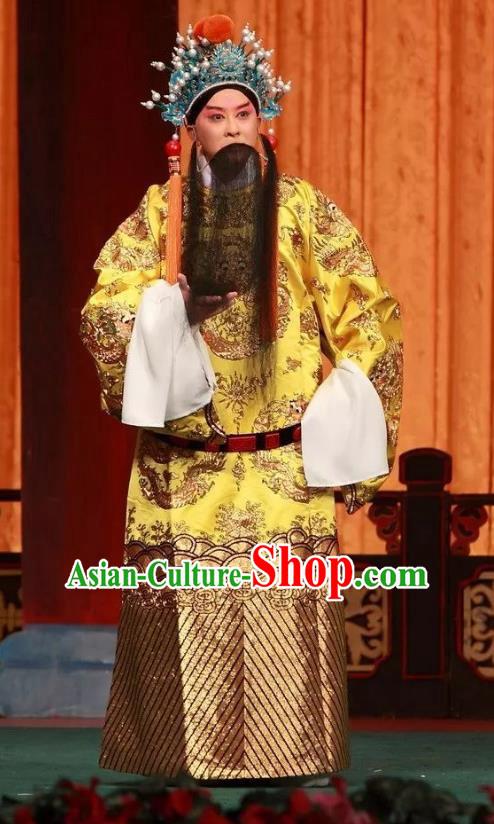 Qing Tian Dao Chinese Peking Opera Emperor Jia Jing Garment Costumes and Headwear Beijing Opera Laosheng Apparels Elderly Male Monarch Clothing