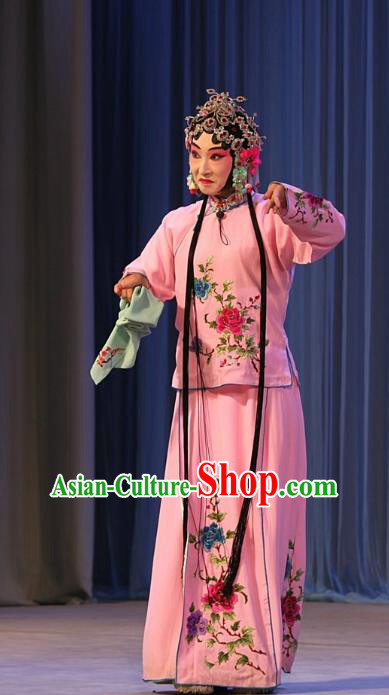 Chinese Beijing Opera Xiaodan Apparels Ba Zhen Tang Costumes and Headpieces Traditional Peking Opera Young Lady Chun Lan Pink Dress Garment