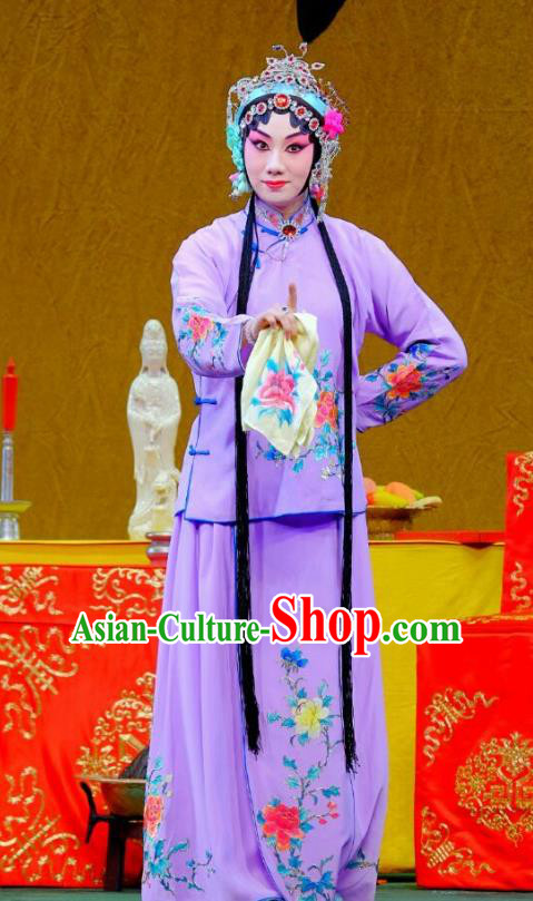 Chinese Beijing Opera Hua Tan Apparels Ba Zhen Tang Costumes and Headpieces Traditional Peking Opera Young Lady Purple Dress Garment