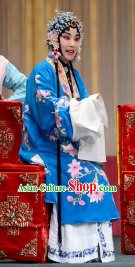 Chinese Beijing Opera Young Mistress Apparels Zhan Tai Ping Costumes and Headdress Traditional Peking Opera Actress Blue Dress Countess Garment