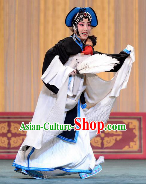 Chinese Beijing Opera Distress Female Apparels Zhan Tai Ping Costumes and Headdress Traditional Peking Opera Tsing Yi Black Dress Garment