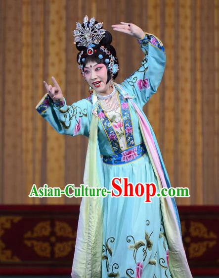 Chinese Beijing Opera Goddess Apparels Costumes and Headdress Petal Sprinkles From Heaven Traditional Peking Opera Hua Tan Blue Dress Garment