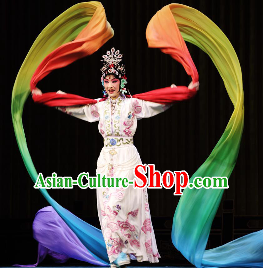 Chinese Beijing Opera Young Female Apparels Costumes and Headdress Petal Sprinkles From Heaven Traditional Peking Opera Hua Tan Dress Goddess Garment