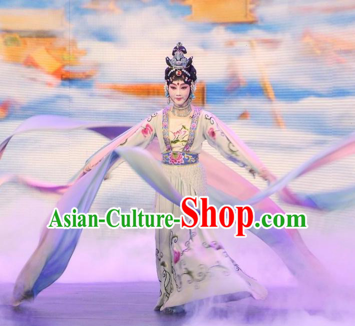 Chinese Beijing Opera Young Female Apparels Goddess Costumes and Headdress Petal Sprinkles From Heaven Traditional Peking Opera Hua Tan Dress Garment