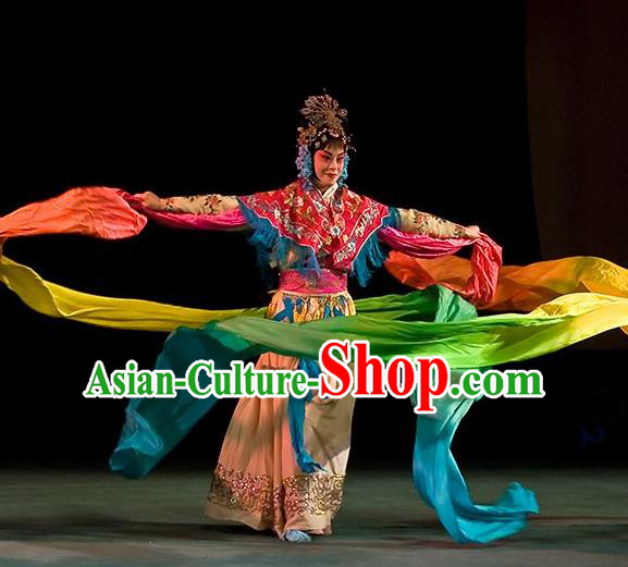 Chinese Beijing Opera Diva Apparels Goddess Costumes and Headdress Petal Sprinkles From Heaven Traditional Peking Opera Actress Hua Tan Dress Garment