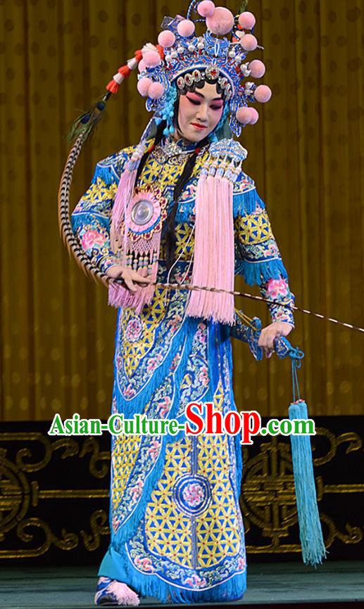 Chinese Beijing Opera Female General Hu Sanniang Apparels Hu Jia Zhuang Costumes and Headdress Traditional Peking Opera Martial Lady Dress Tao Ma Tan Armor Garment