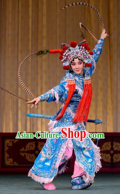 Chinese Beijing Opera Blues Hu Sanniang Apparels Hu Jia Zhuang Costumes and Headdress Traditional Peking Opera Martial Female Dress Armor Garment