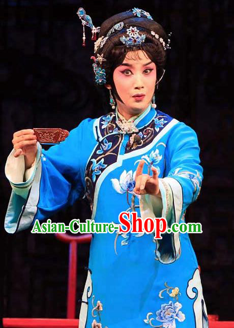 Chinese Beijing Opera Young Female Wang Zhuqing Apparels Yue Zhao Sai Bei Costumes and Headdress Traditional Peking Opera Blue Dress Garment