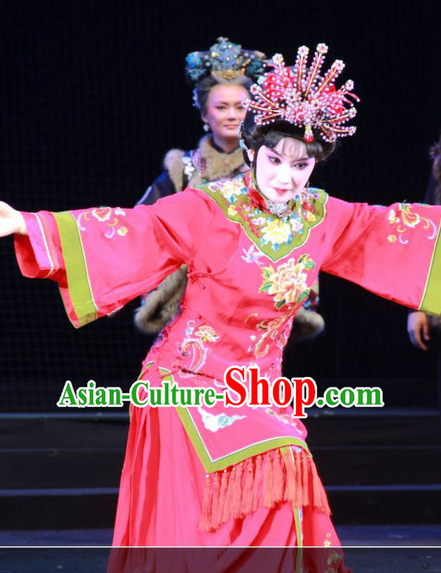 Chinese Beijing Opera Wedding Apparels Yue Zhao Sai Bei Costumes and Headdress Traditional Peking Opera Young Female Red Dress Bride Garment