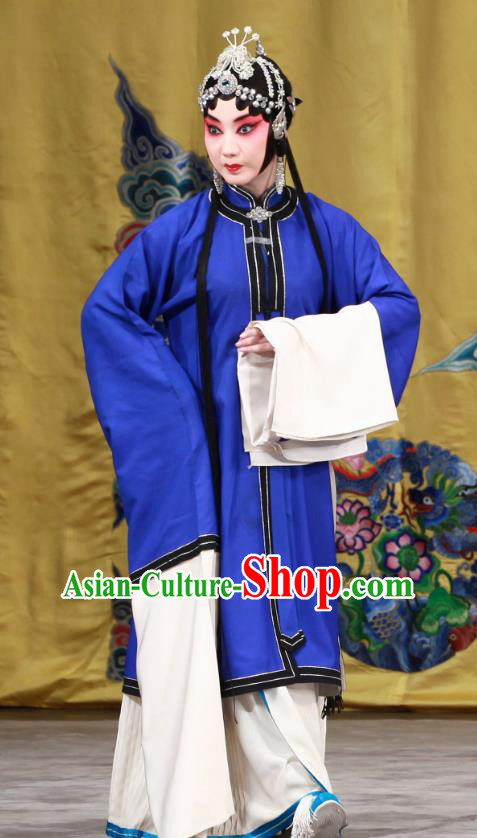 Chinese Beijing Opera Distress Maiden Apparels Zhu Sha Zhi Costumes and Headdress Traditional Peking Opera Young Female Blue Dress Garment