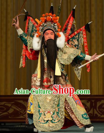 Zhan Jing Tang Chinese Peking Opera General Armor Garment Costumes and Headwear Beijing Opera Martial Male Wu Han Kao Apparels Clothing with Flags