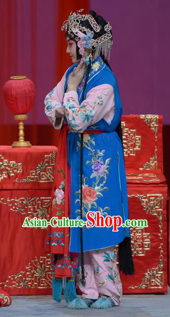 Chinese Beijing Opera Maidservant Apparels Su Xiaomei Costumes and Headpieces Traditional Peking Opera Xiaodan Dress Young Lady Blue Garment