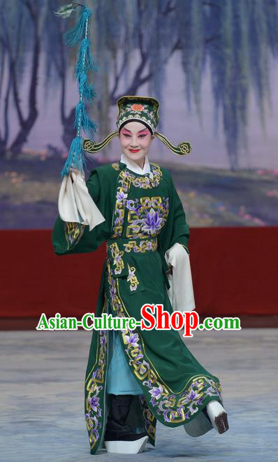 Su Xiaomei Chinese Peking Opera Niche Garment Costumes and Headwear Beijing Opera Young Male Apparels Scholar Green Clothing