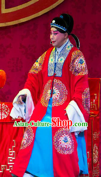 Su Xiaomei Chinese Peking Opera Bridegroom Garment Costumes and Headwear Beijing Opera Xiaosheng Qin Guan Apparels Young Male Wedding Clothing