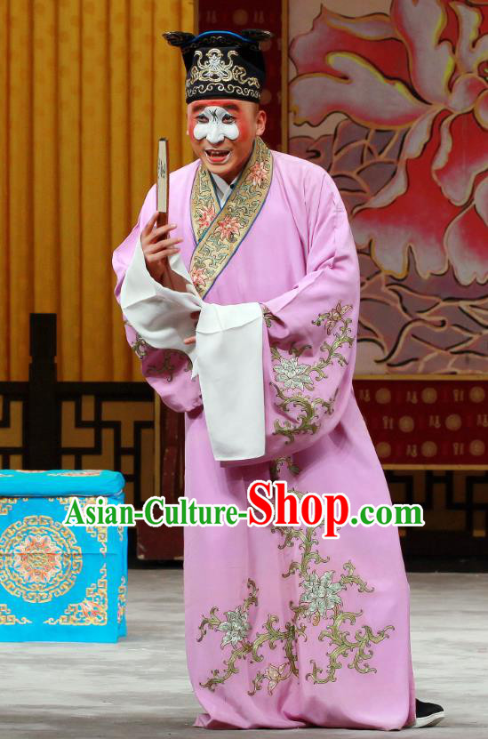 Shi Wen Hui Chinese Peking Opera Young Male Garment Costumes and Headwear Beijing Opera Chou Apparels Clown Purple Robe Clothing