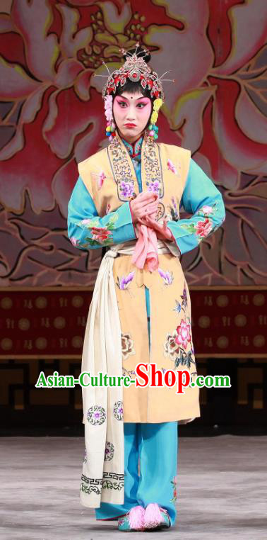 Chinese Beijing Opera Young Girl Apparels Shi Wen Hui Costumes and Headpieces Traditional Peking Opera Dress Maidservant Garment