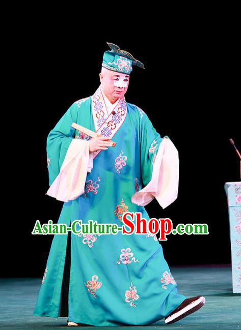 Shi Wen Hui Chinese Peking Opera Bully Garment Costumes and Headwear Beijing Opera Chou Apparels Young Man Niu Siwen Green Robe Clothing