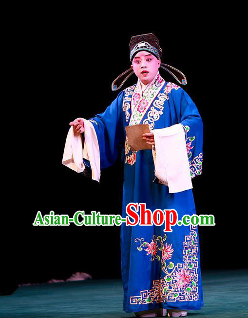 Shi Wen Hui Chinese Peking Opera Gifted Youth Garment Costumes and Headwear Beijing Opera Xiaosheng Apparels Scholar Xie Ying Clothing