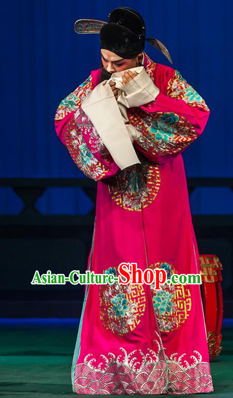 Qin Xianglian Chinese Ping Opera Scholar Chen Shimei Garment Costumes and Headwear Pingju Opera Official Red Apparels Clothing