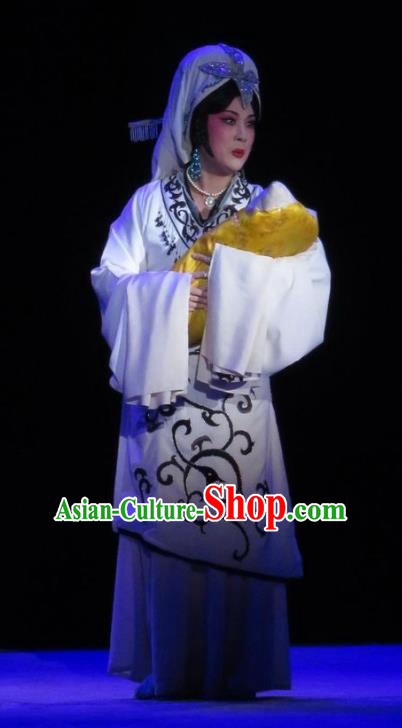 Chinese Ping Opera Distress Woman Apparels Costumes and Headdress Traditional Pingju Opera Saving Orphan Princess White Dress Garment