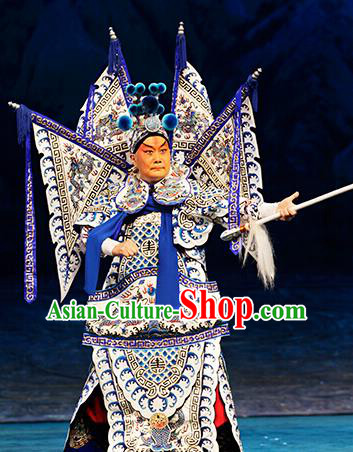 Zhao Tuo Chinese Peking Opera General Kao Suit Garment Costumes and Headwear Beijing Opera Military Officer Apparels Armor Clothing with Flags