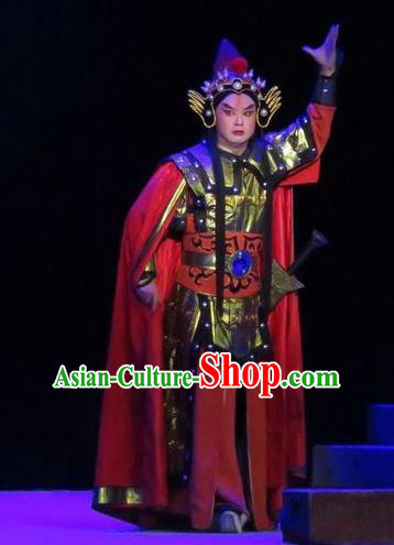 Saving Orphan Chinese Ping Opera General Armor Garment Costumes and Helmet Pingju Opera Wusheng Han Jue Apparels Clothing