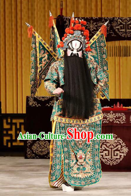 Yi Zhan Cheng Gong Chinese Peking Opera Military Officer Kao Garment Costumes and Headwear Beijing Opera Apparels Clothing General Xu Huang Green Armor Suit with Flags