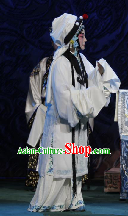 Chinese Beijing Opera Distress Woman Apparels Zhao Tuo Costumes and Headpieces Traditional Peking Opera Actress White Dress Garment