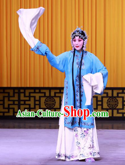 Chinese Beijing Opera Diva Apparels Hong Mu Ma Chou Costumes and Headpieces Traditional Peking Opera Tsing Yi Blue Dress Young Mistress Garment