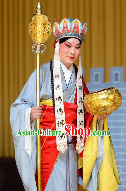 You Liu Dian Chinese Peking Opera Monk Mu Lian Garment Costumes and Headwear Beijing Opera Frock Apparels Clothing