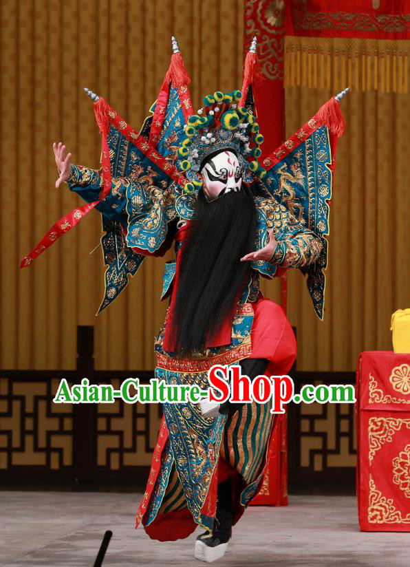 Yang Ping Guan Chinese Peking Opera General Green Armor Garment Costumes and Headwear Beijing Opera Old Man Apparels Kao Suit with Flags Clothing