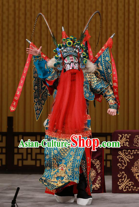 Yang Ping Guan Chinese Peking Opera General Blue Armor Garment Costumes and Headwear Beijing Opera Old Man Apparels Martial Male Kao Suit Clothing with Flags