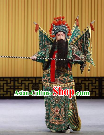 Nan Tian Men Chinese Peking Opera General Green Kao Armor Suit with Flags Garment Costumes and Headwear Beijing Opera Jing Role Apparels Clothing