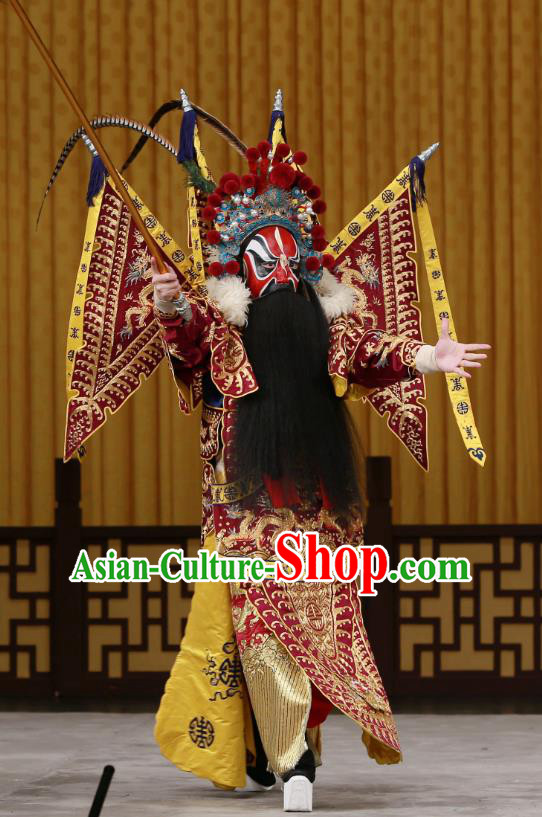 Dingjun Mount Chinese Peking Opera Martial Male Zhang He Armor Garment Costumes and Headwear Beijing Opera Apparels General Kao with Flags Clothing