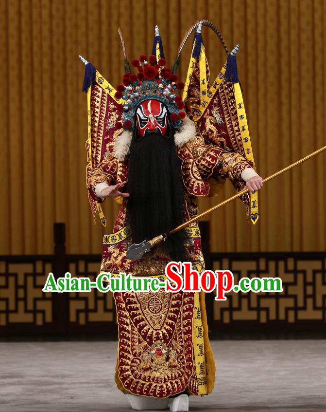 Dingjun Mount Chinese Peking Opera Martial Male Zhang He Armor Garment Costumes and Headwear Beijing Opera Apparels General Kao with Flags Clothing