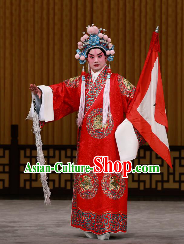 Dingjun Mount Chinese Peking Opera Young Male Garment Costumes and Headwear Beijing Opera General Zhou Yu Apparels Military Counsellor Clothing