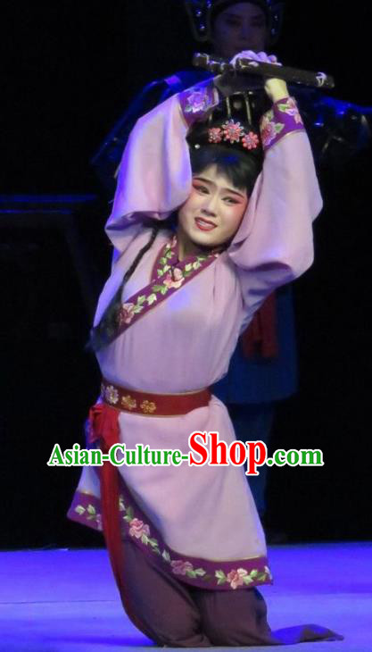 Chinese Ping Opera Maidservant Cai Feng Apparels Costumes and Headpieces Traditional Pingju Opera Saving Orphan Young Lady Purple Dress Garment