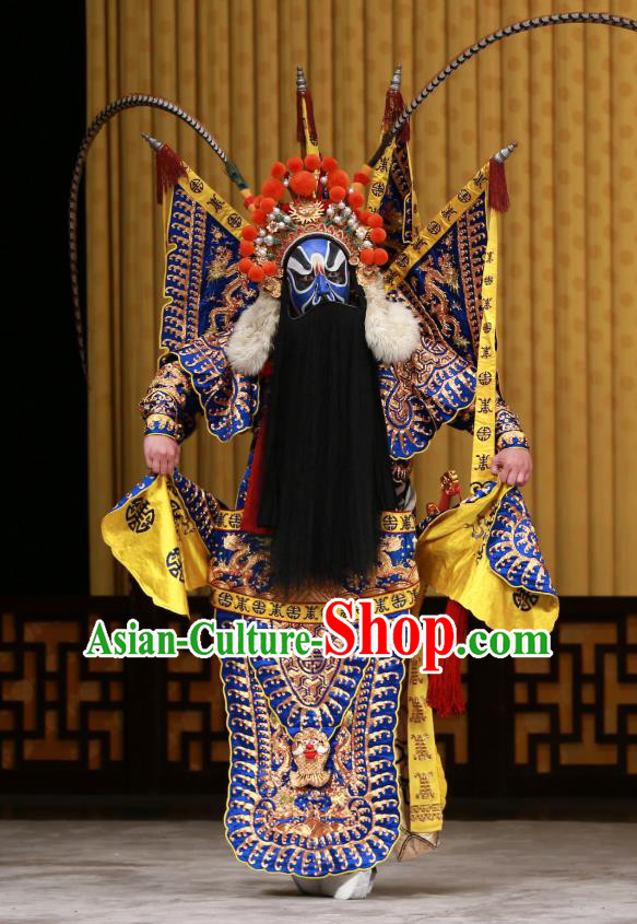 Zhan Wan Cheng Chinese Peking Opera Wusheng Kao Garment Costumes and Headwear Beijing Opera Apparels General Xia Houdun Armor with Flags Martial Male Clothing