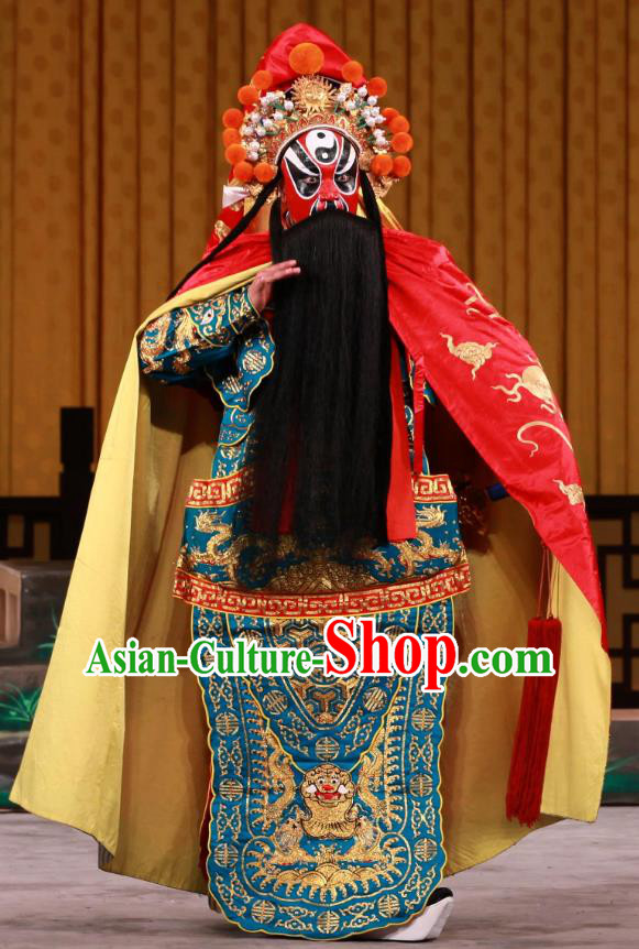 Bei Fa Zhong Yuan Chinese Peking Opera Jing Role Garment Costumes and Headwear Beijing Opera Martial Male Jiang Wei Apparels Takefu Clothing