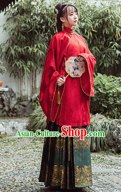 Chinese Traditional Ancient Patrician Lady Hanfu Dress Ming Dynasty Red Blouse and Green Brocade Skirt Historical Costumes Complete Set