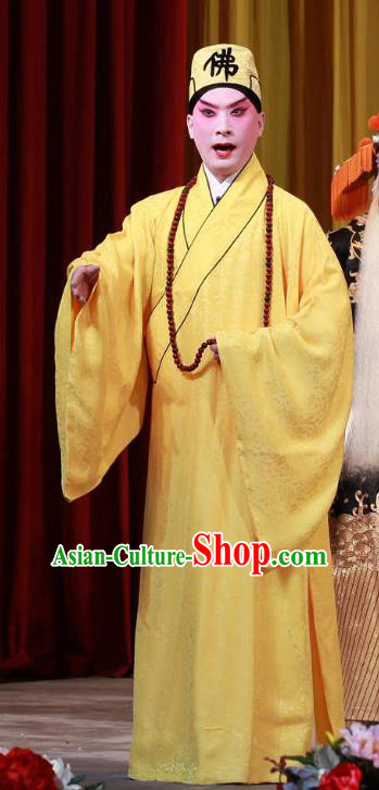 Sha Qiao Jian Bie Chinese Peking Opera Garment Costumes and Headwear Beijing Opera Monk Xuan Zhuang Yellow Robe Apparels Clothing