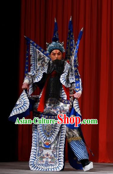 White Gate Tower Chinese Peking Opera General Zhang Liao Garment Costumes and Headwear Beijing Opera Military Officer Kao Apparels Armor Clothing with Flags