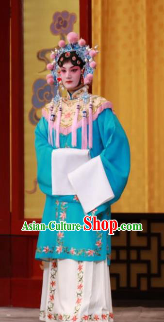 Chinese Beijing Opera Xiaodan Apparels Wei Yang Palace Costumes and Headpieces Traditional Peking Opera Court Maid Blue Dress Garment