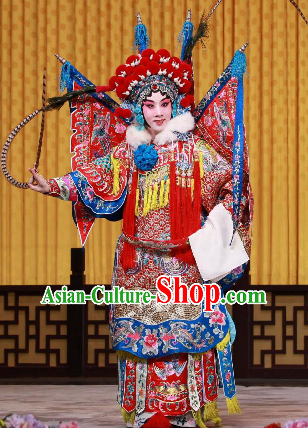 Chinese Beijing Opera Female General Armor Apparels Mu Ke Zhai Costumes and Headpieces Traditional Peking Opera Tao Ma Tan Dress Mu Guiying Kao Garment with Flags