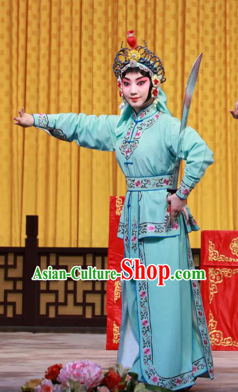 Chinese Beijing Opera Swordswoman Apparels Mu Ke Zhai Costumes and Headpieces Traditional Peking Opera Wudan Blue Dress Garment